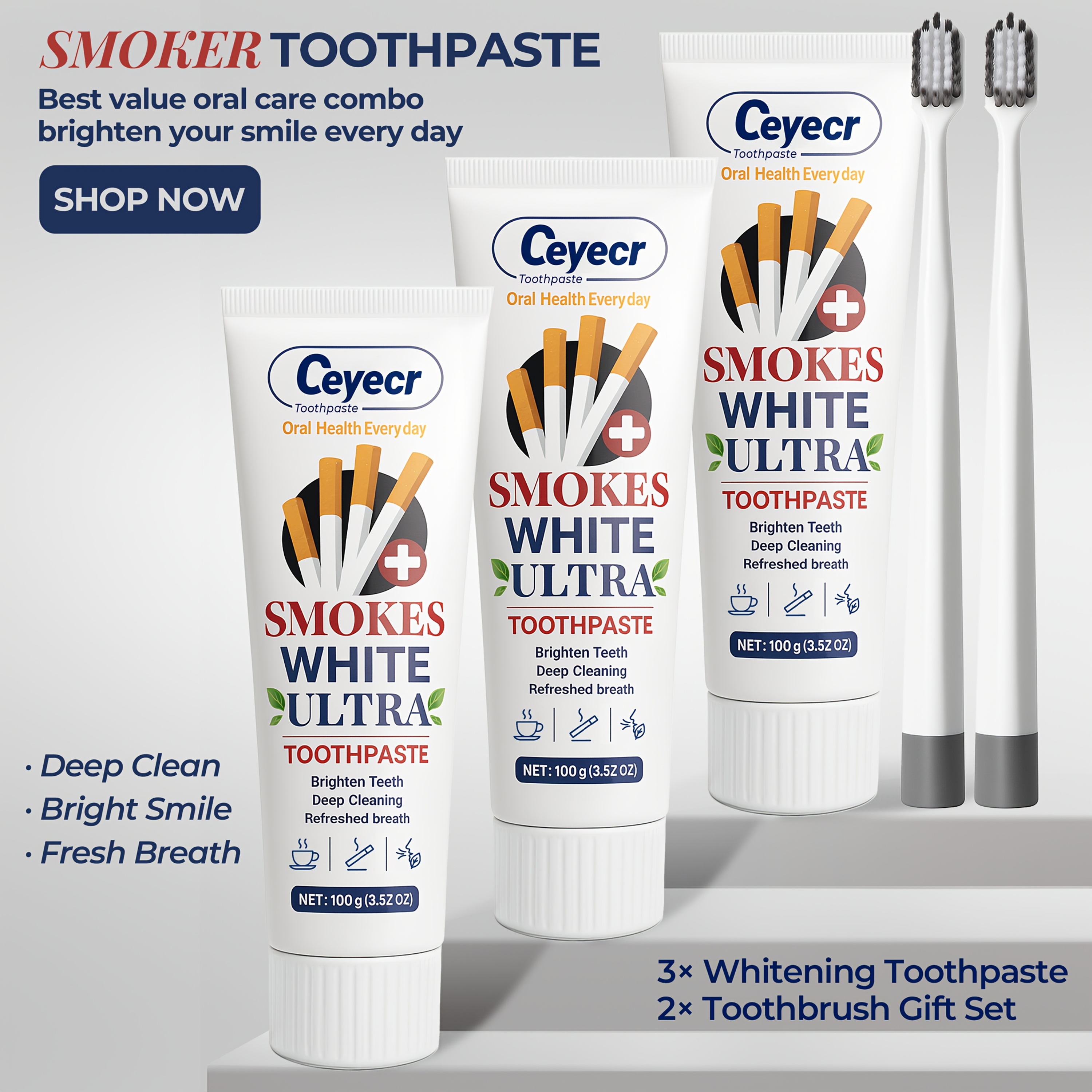 3pcs Smokers Toothpaste & Toothbrush Set for Fresh Breath