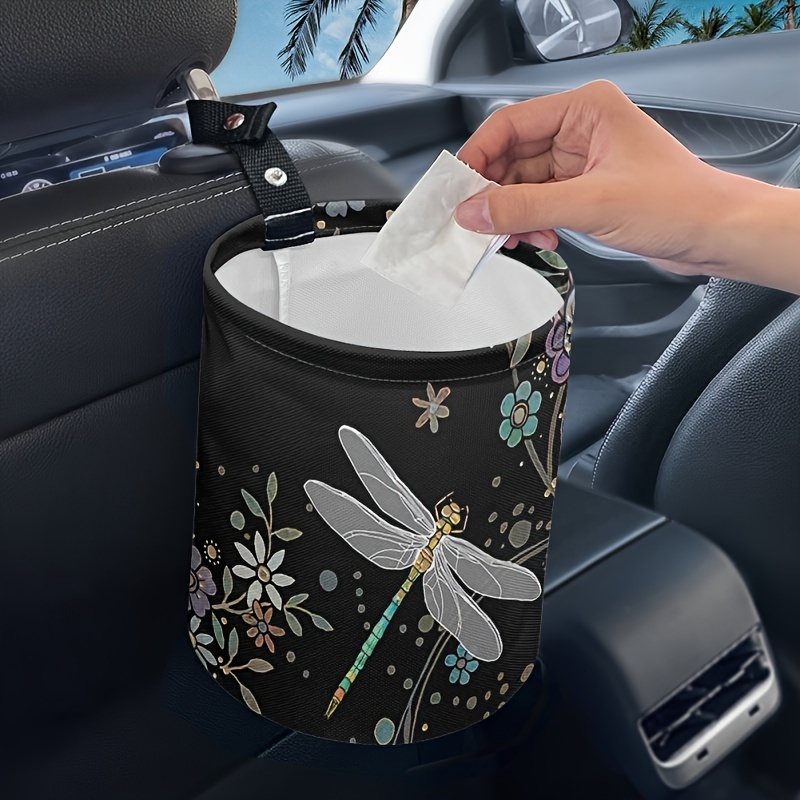 

Car Trash Can Flower And Dragonfly Patttern Car Garbage Bag Hanging Waterproof Leak Proof Vehicle Storage Bin