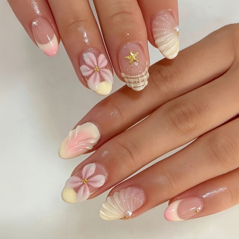 TEMU 24 uñas postizas DANArtlux cortas de prensar para mujer - Uñas postizas de cobertura total con punta francesa y flor 3D, puntas de uñas