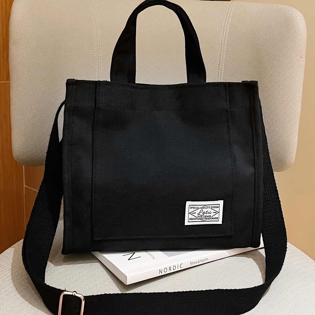 TEMU Versatile Fashion Canvas Black Handbag Bag Body Bag Individual Women's Bag Suitable For Work Shopping Commuting Bag Holiday Gift