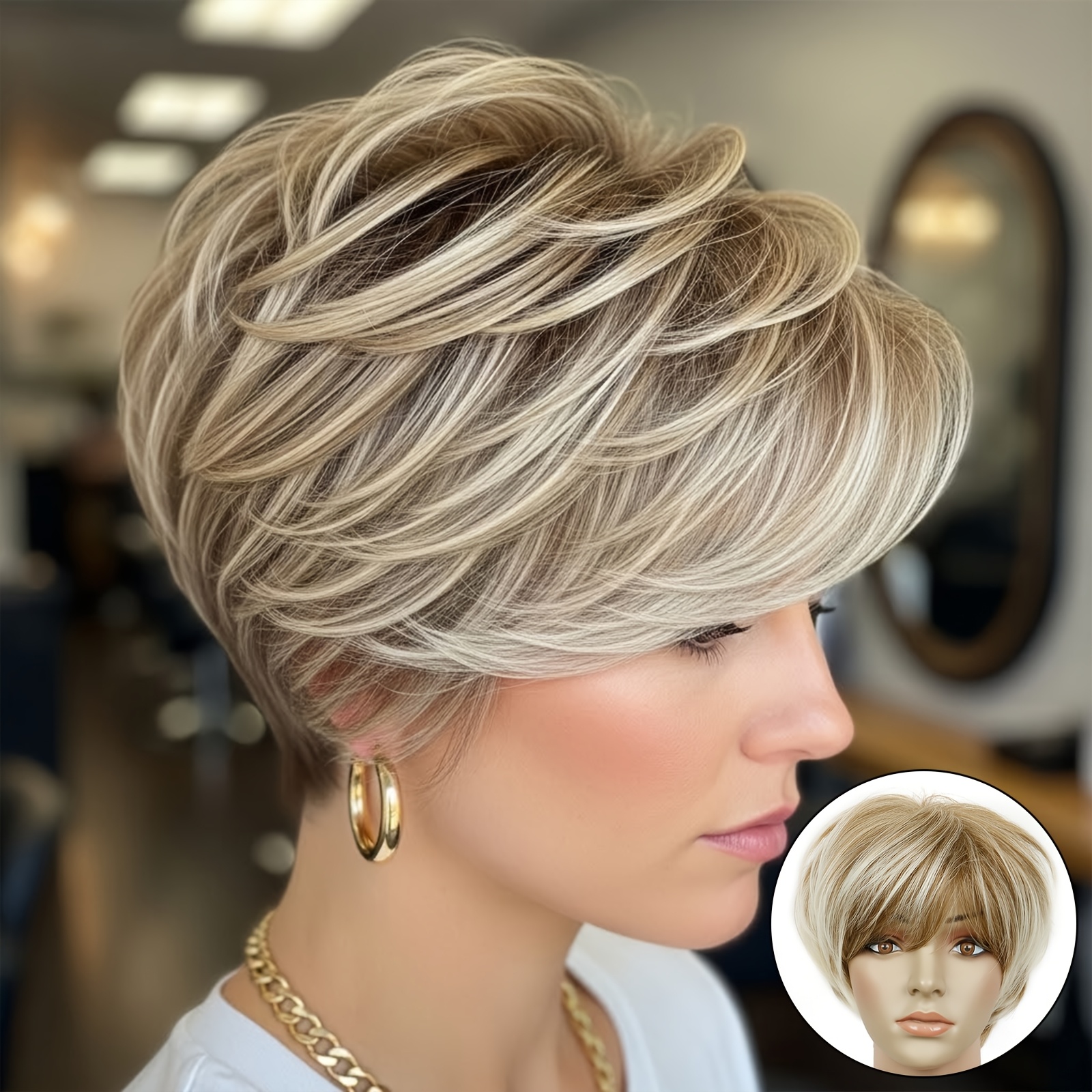TEMU Women's Layered Short Wigs With Bangs Highlight Blonde Short Cut Wig For Baldness And Hair Loss, Ideal For Daily Party Gathering Use, Beginner