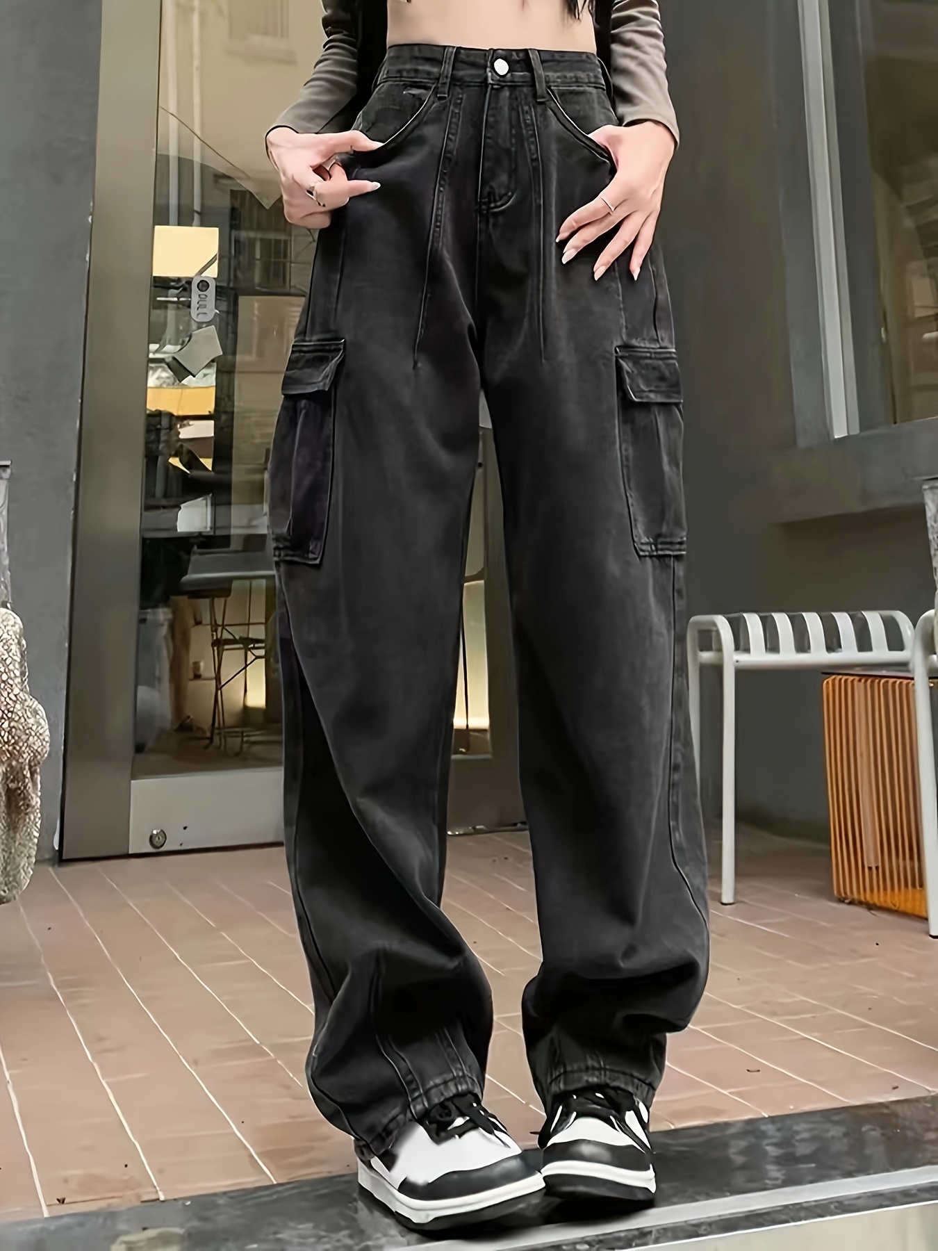 Light Gray High Waist Cargo Pants Loose Multi pocket - Temu Canada