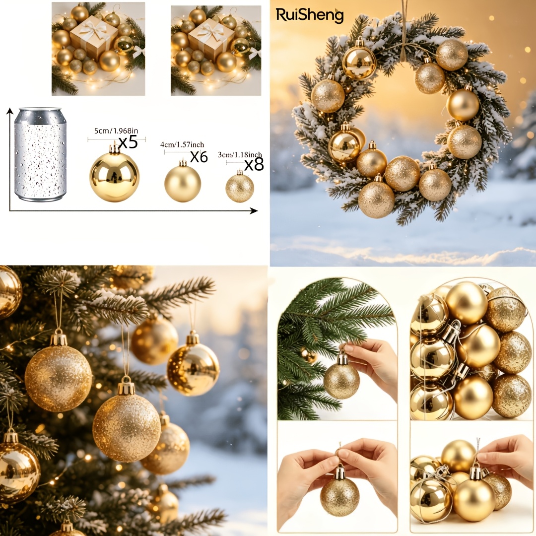 TEMU Artificial Golden Glitter Christmas Ball Set, 2.36/1.57/1.18 Inch Mixed Pack, Decor Tree Ornaments - Halloween, Thanksgiving, Birthday, And