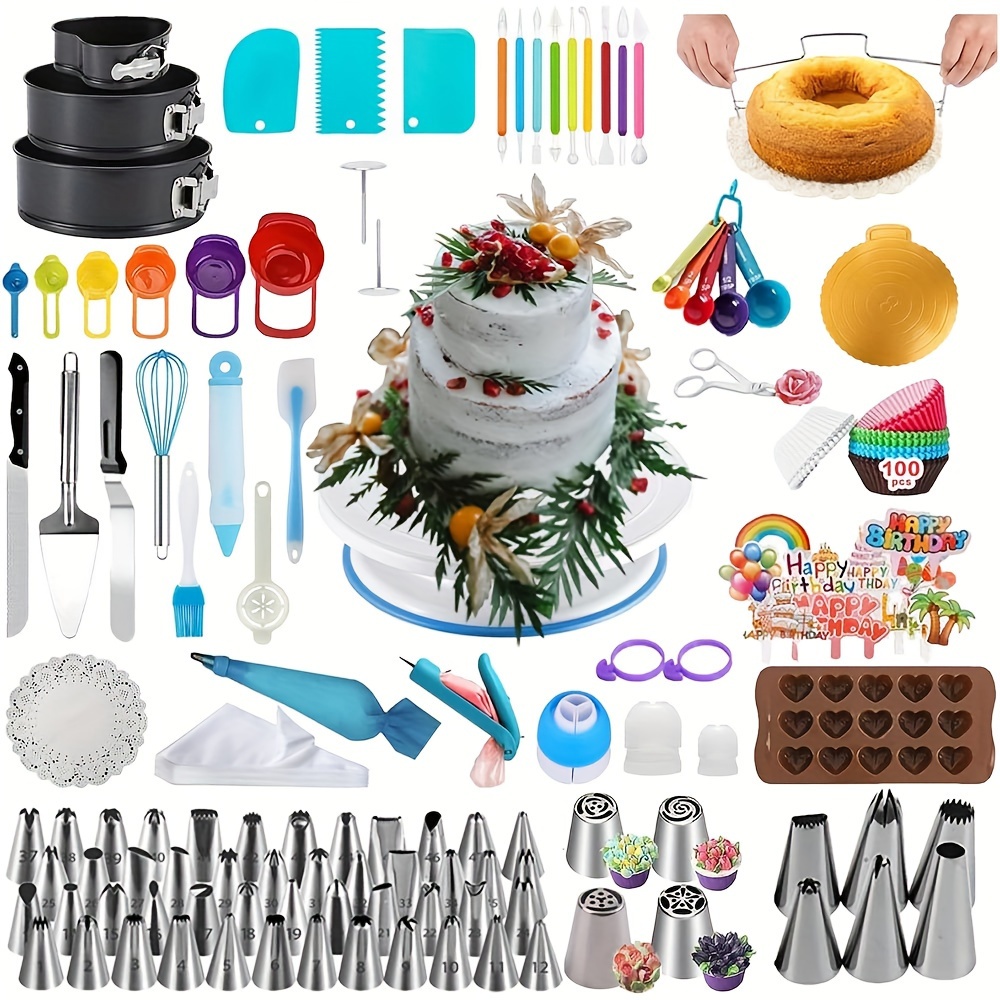 

390pcs, Cake Decoration Kit, Cake Baking Tool Kit -3 Packs Of Cake Plates, Cake Rotating Turntables, 48 Digital Pipes For Ice Warning, 4 Russian Nozzles, 9 Beginner Specific Tools