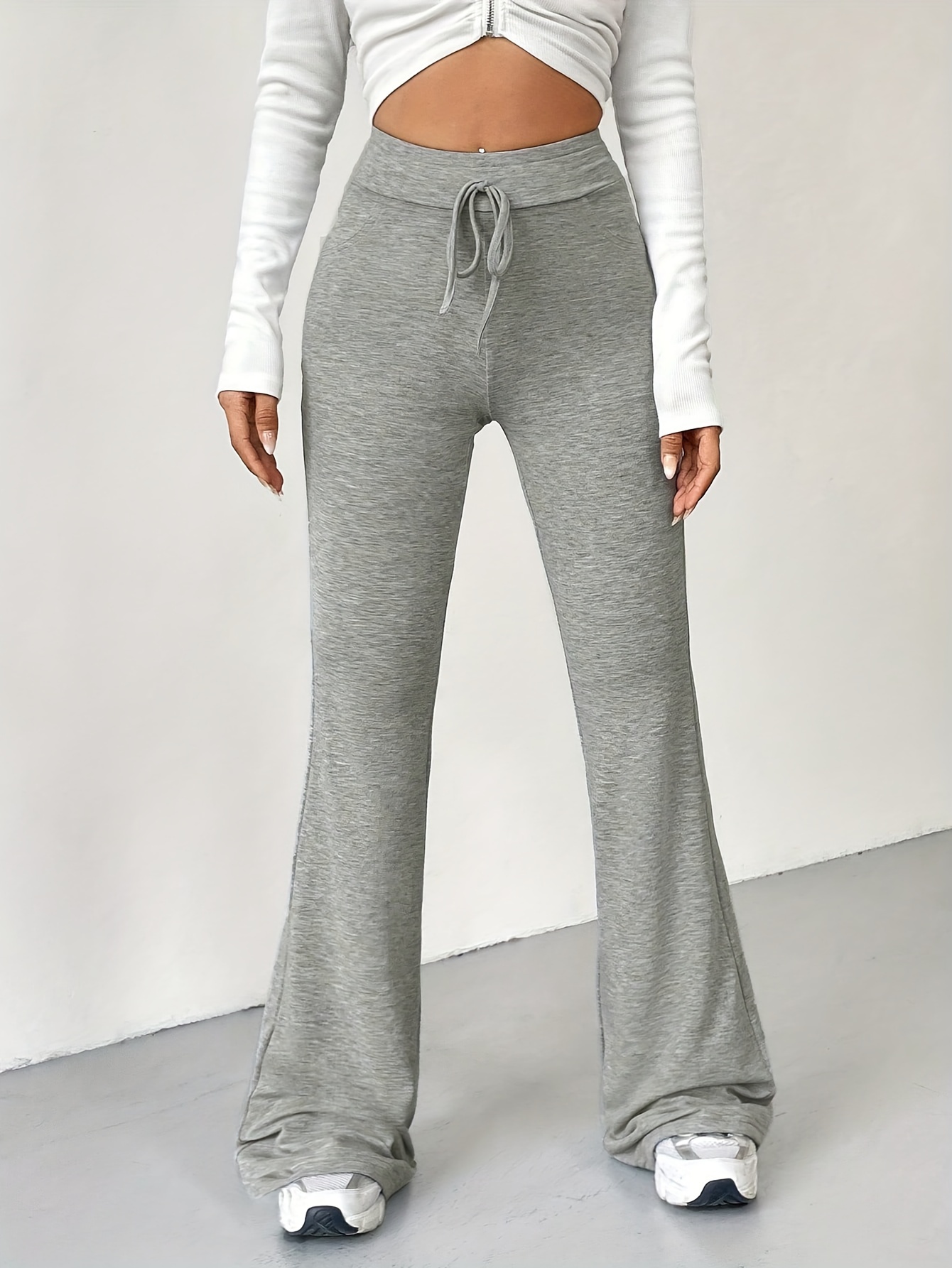 Solid Slim Flare Leg Sweatpants, Casual Drawstring Pocket Pants, Women's  Clothing