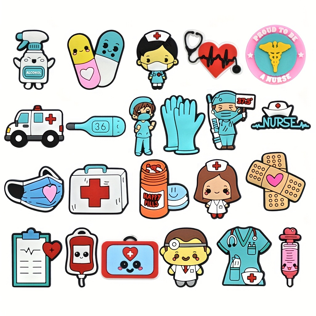 Image of 22pcs, Soft Pvc, Cartoon Medical Series Shoe Charms, Nurse Uniform And Mask Shoe Accessories, Medical Kit Infusion Bag Ambulance Sandal Shoe Decoration, Suitable For Sandal Garden Shoes, Party Gif