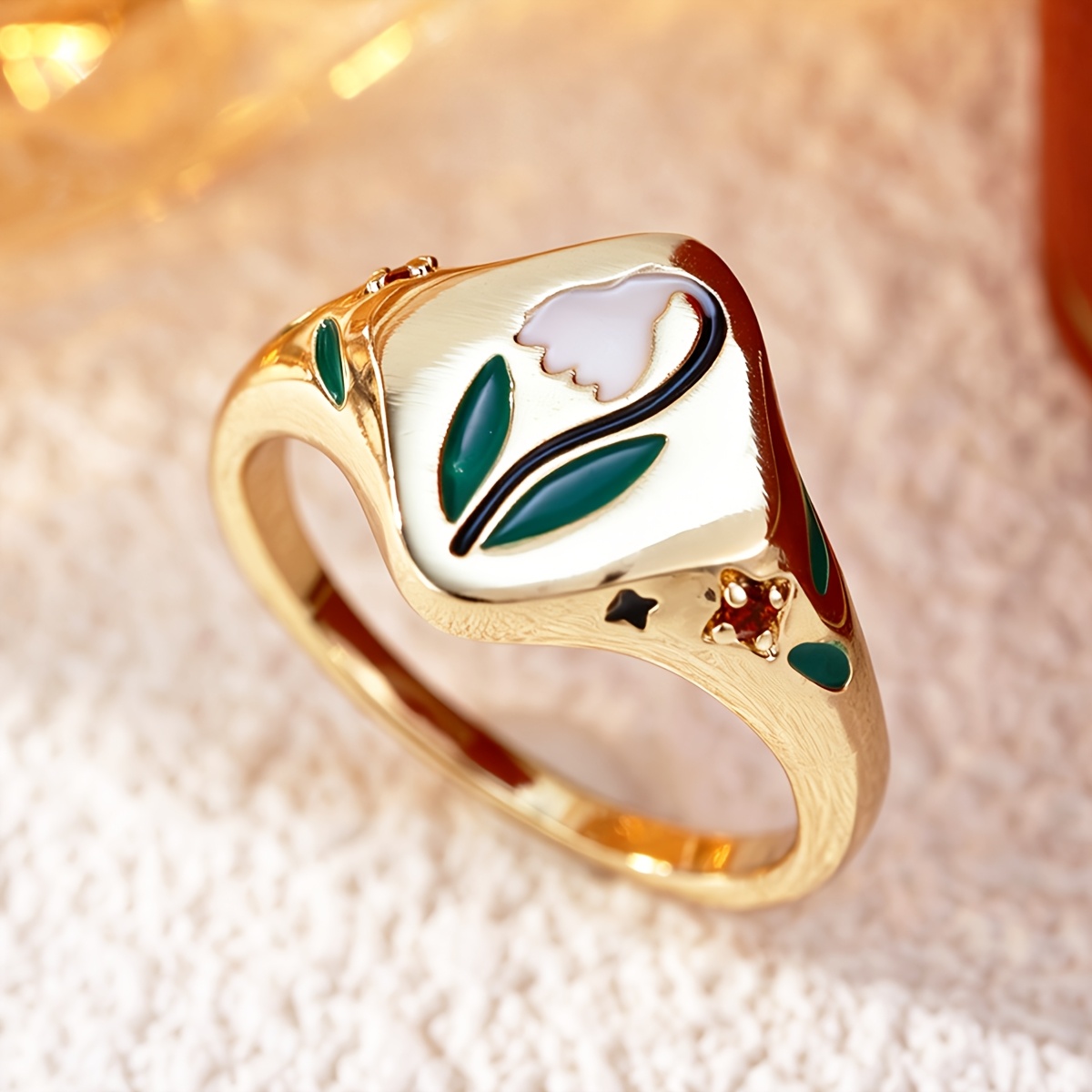 Floral Copper Inlaid Zirconia Statement Ring, Unisex