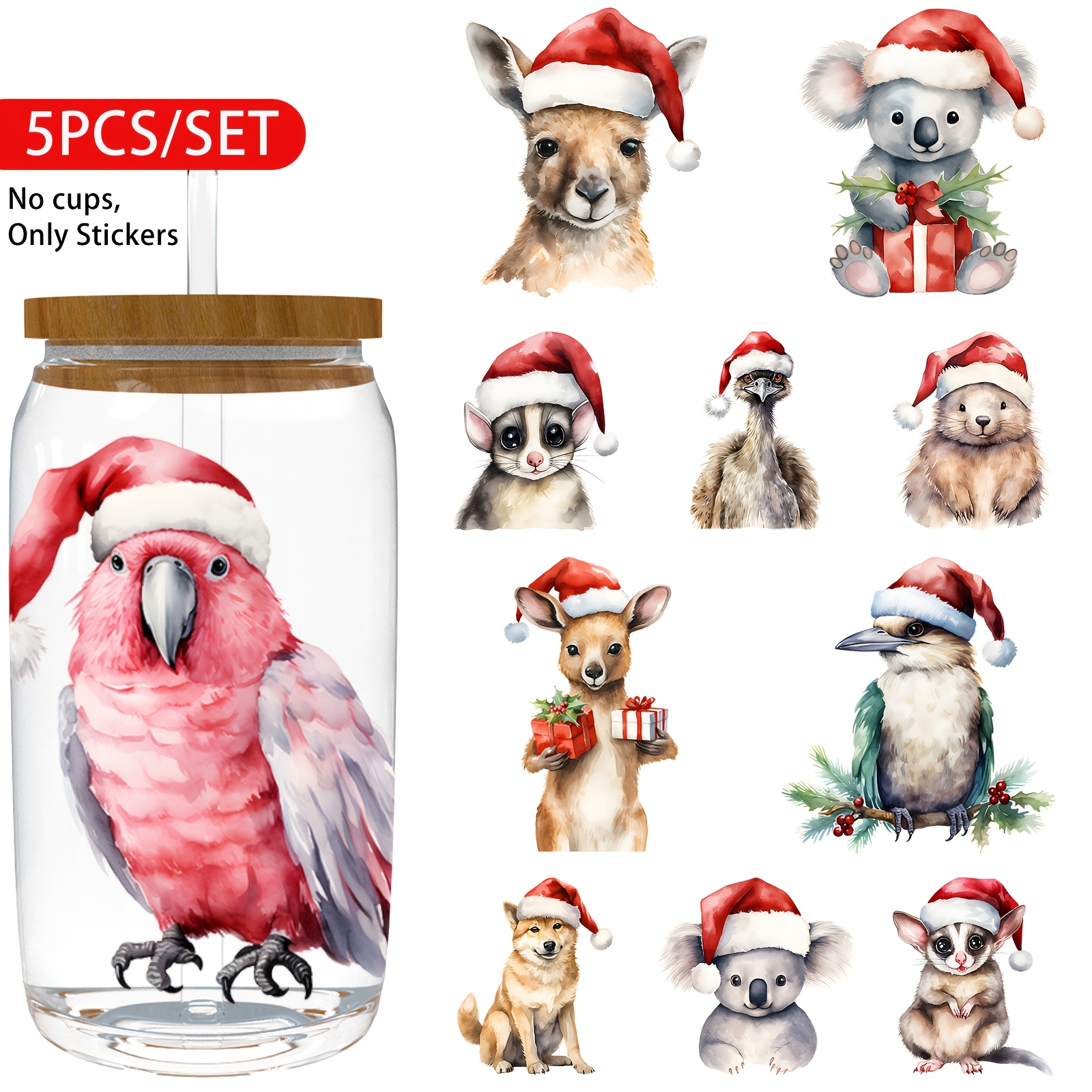 TEMU 5pcs Christmas Australian Animals Uv Dtf Wraps, Waterproof And Scratch Resistant Transfer For Tumbler Wraps, Cute Vinyl For Laptop, Artworks