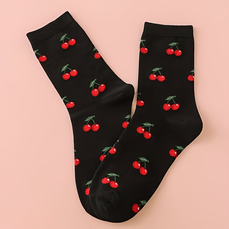 TEMU Autumn/winter Style 1-pair Black Cute Cherry- Design Socks - Fits All - Suitable For Daily Wear, Running, Hiking, Office, And Travel Vacations