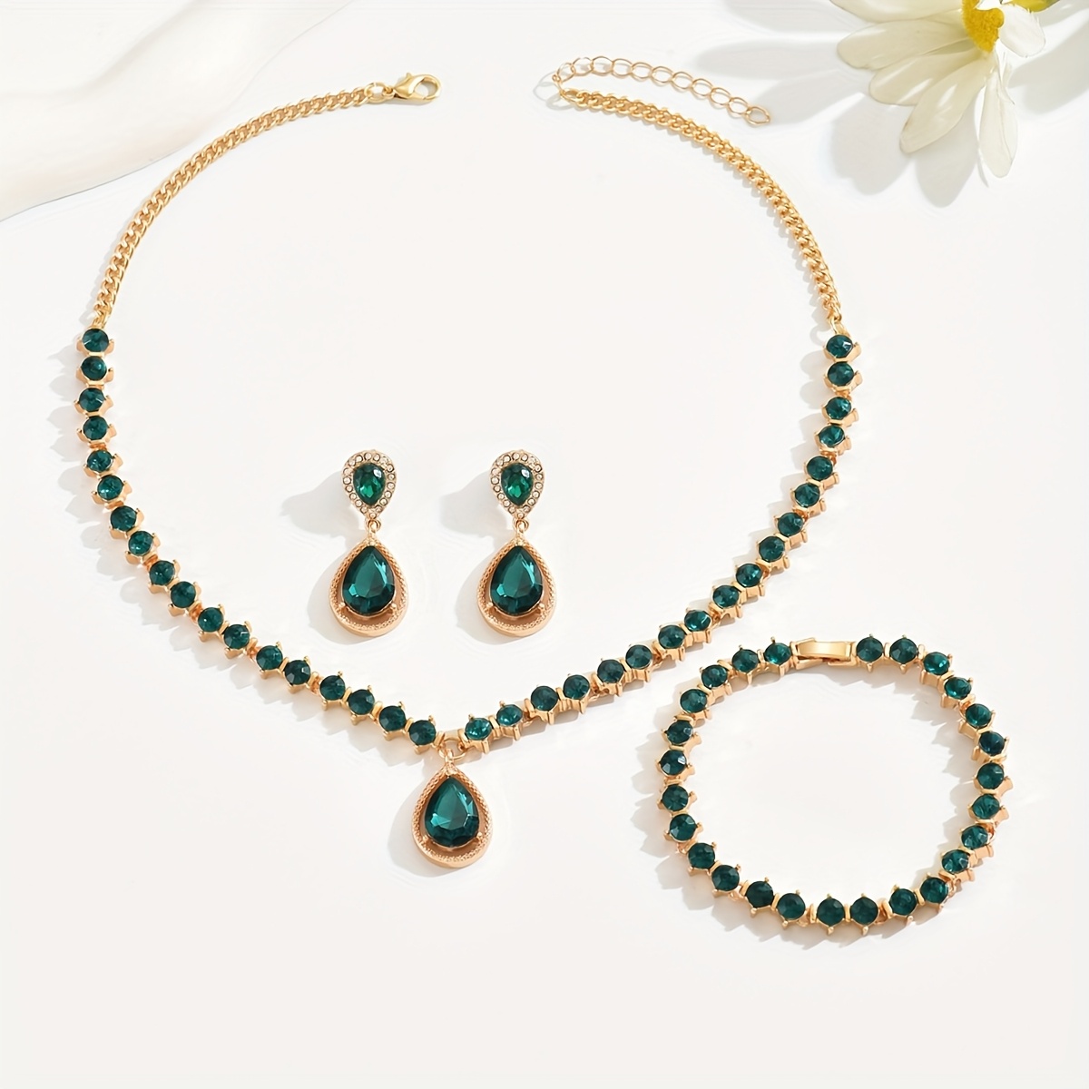 Green Rhinestone Jewelry Set with Acrylic Pendant