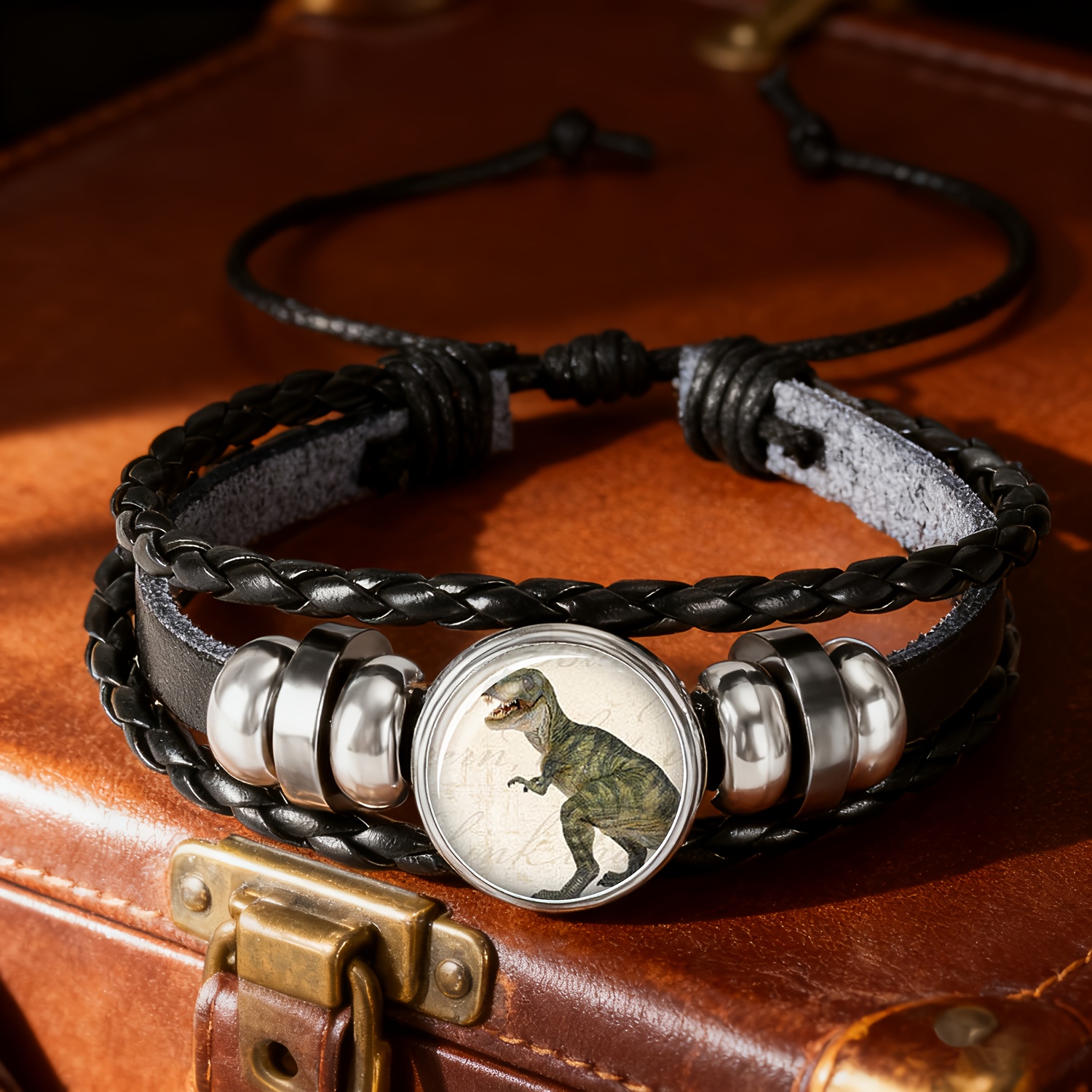 TEMU 1pc Men's Bracelet, Featuring Design With A Colorful Glass Pattern Base. Dinosaur Stands In A Powerful Against A Background With Clear, Unique