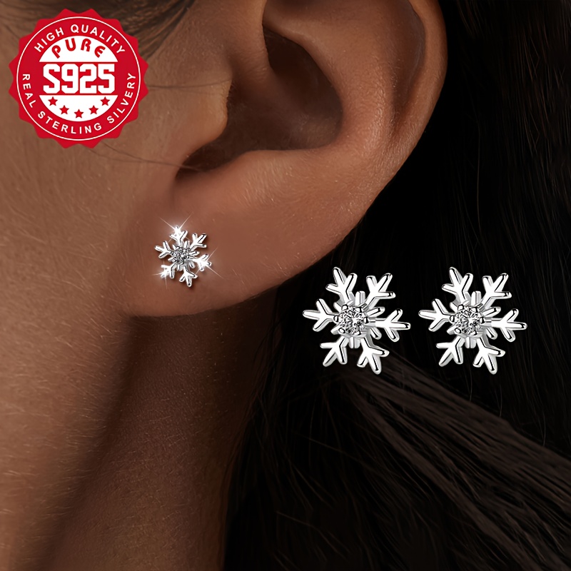 Image of Pair Of S925 Silver Women's Fashion Stud Earrings, Snowflake Design, Exquisite And Cute, With Shiny Synthetic Synthetic Zirconia, Perfect For Holiday Wear,, Hypoallergenic