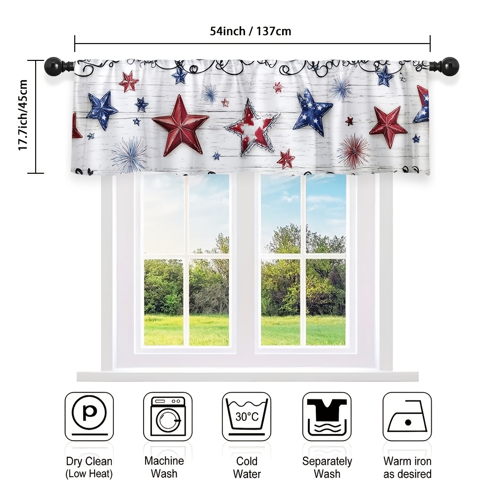 TEMU 1pc And Fireworks Printed Valance - Patriotic Window Valance With Black Star & White , Light Filtering Fabric, Machine Washable For Kitchen,
