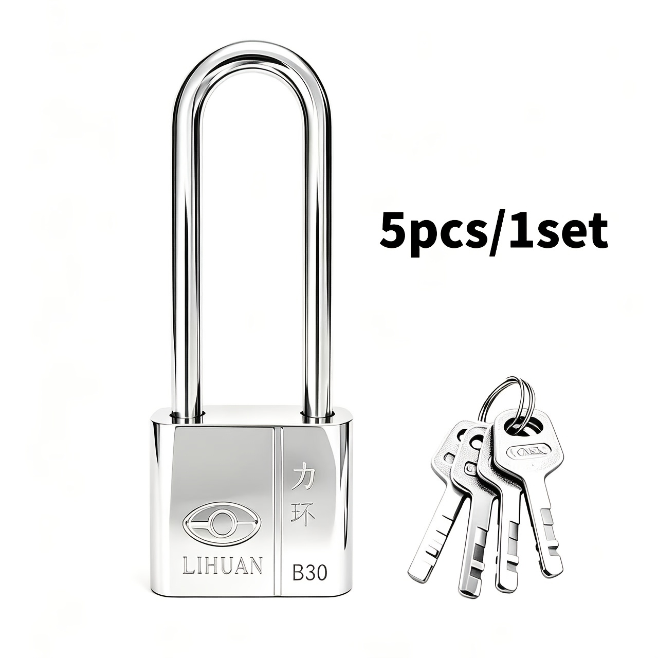 TEMU 5pcs Set Of Heavy Duty Extra Long Lock Buckle Anti-theft Padlocks (1 Lock And 4 Keys), High Strength Steel Waterproof And Rust-proof Process,