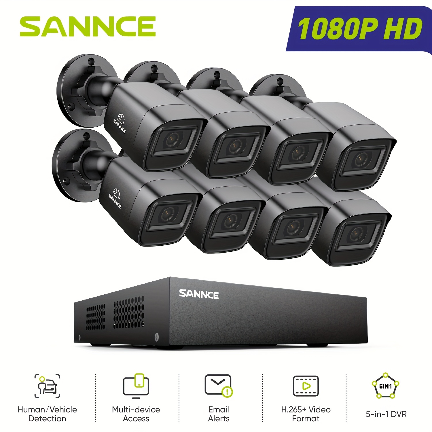 Sannce 1080p Surveillance Camera System H.265+ 8ch Dvr Recorder With 8 , /vehicle Detection, Ir Night Vision, Without Hdd.