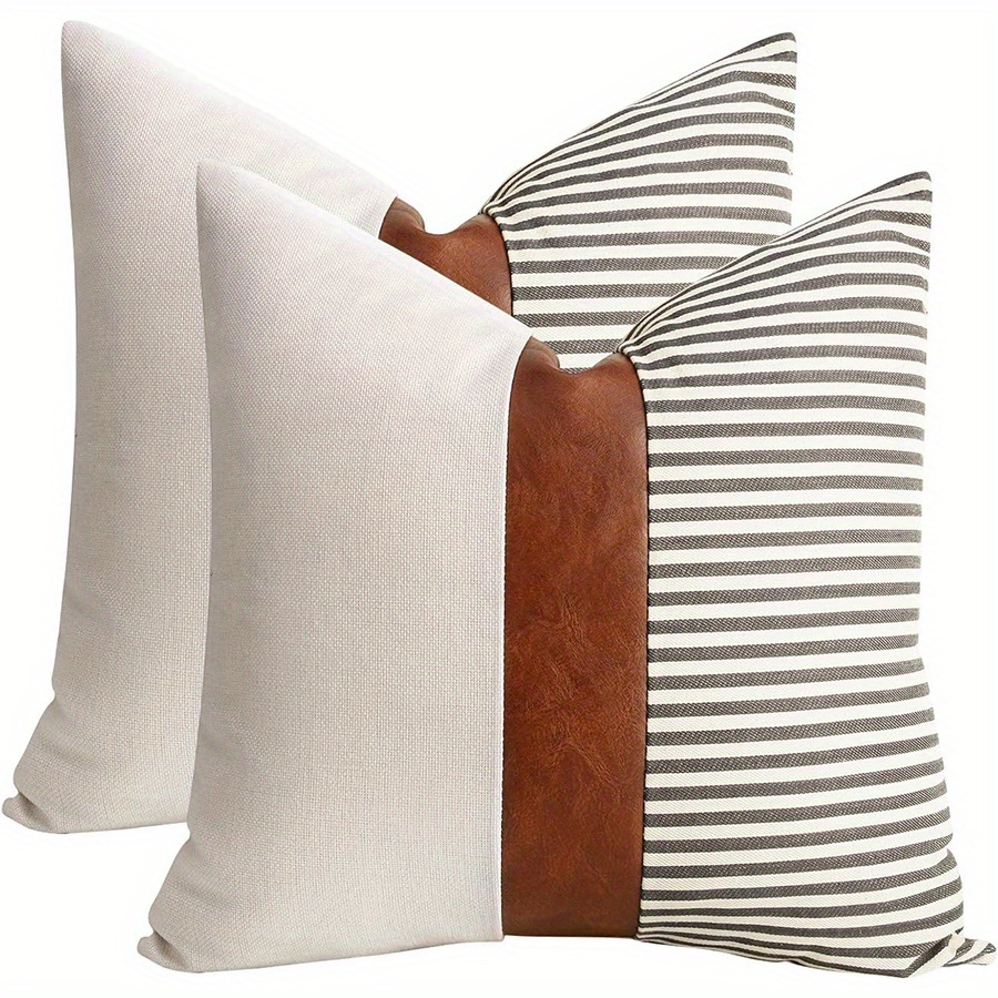 TEMU 1 de almohada de lona a rayas con costuras de cuero PU de moda, 1 o 2 piezas, para dormitorio, , sofá, decoración del hogar, sin relleno de