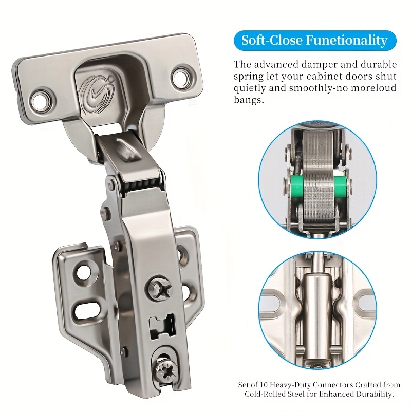   20 soft close cabinet door hinges, polished  ,  ,   pivot hinges with screws, suitable for doors and cabinets, cold-rolled steel,   dampers,   installation, door hardware | modern hinges |