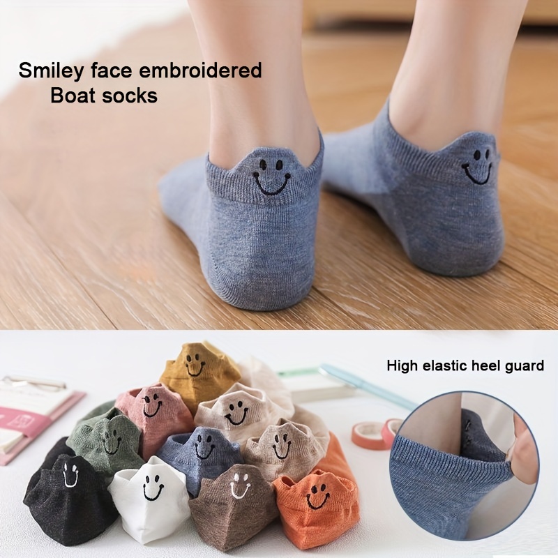 

10 Pairs Cute Face Embroidered Socks, Simple & Comfy Low Cut Invisible Socks, Women's Stockings & Hosiery