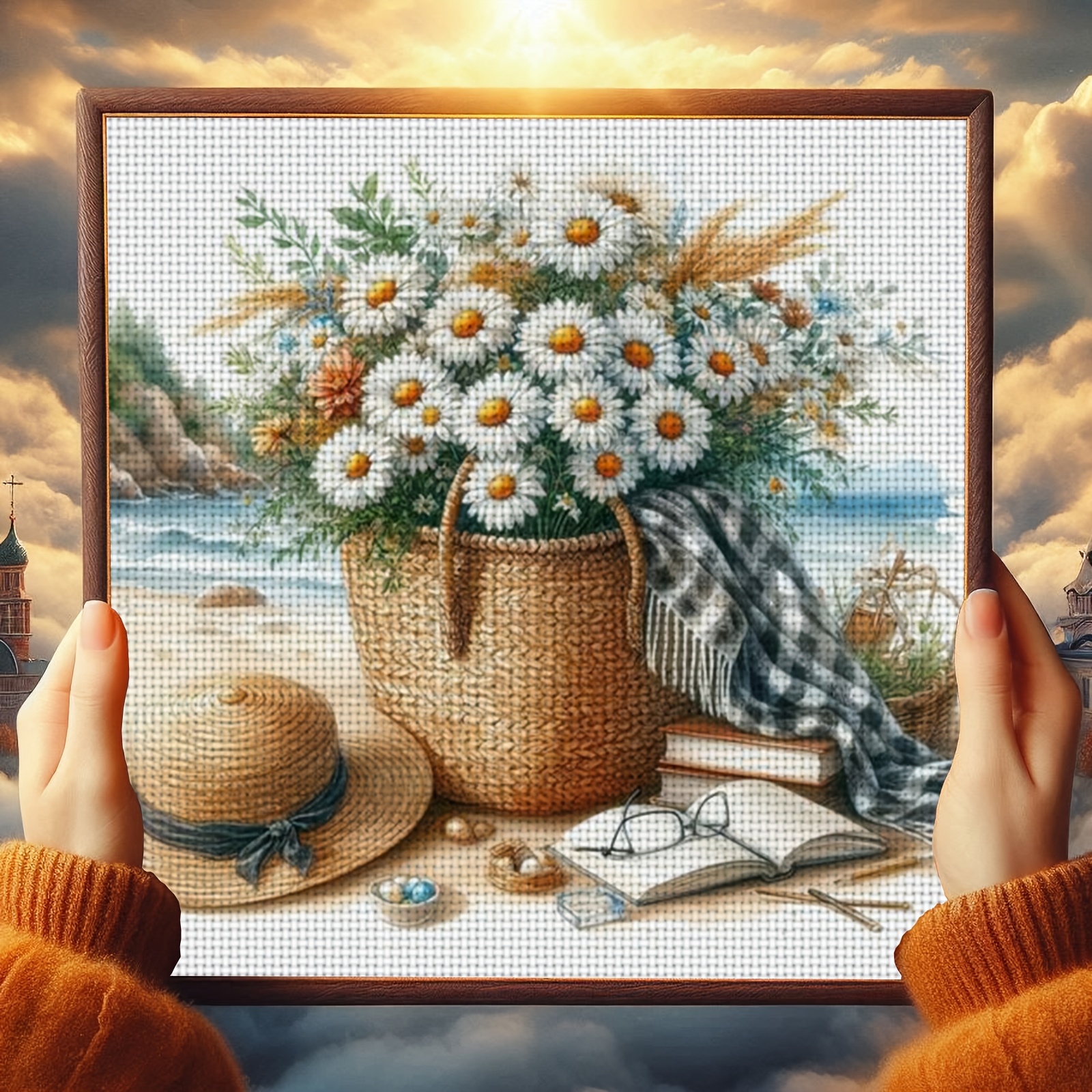DIY Cross-stitch Printed Kit, Unframed, Beach Straw Basket Daisy Pattern
