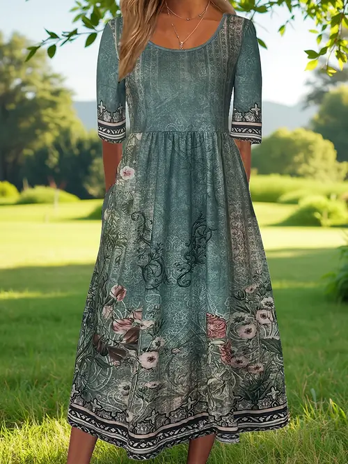 2025 summer ladies casual bohemian dress short sleeve crew neck pocket dress loose casual dress bohemian beach dress