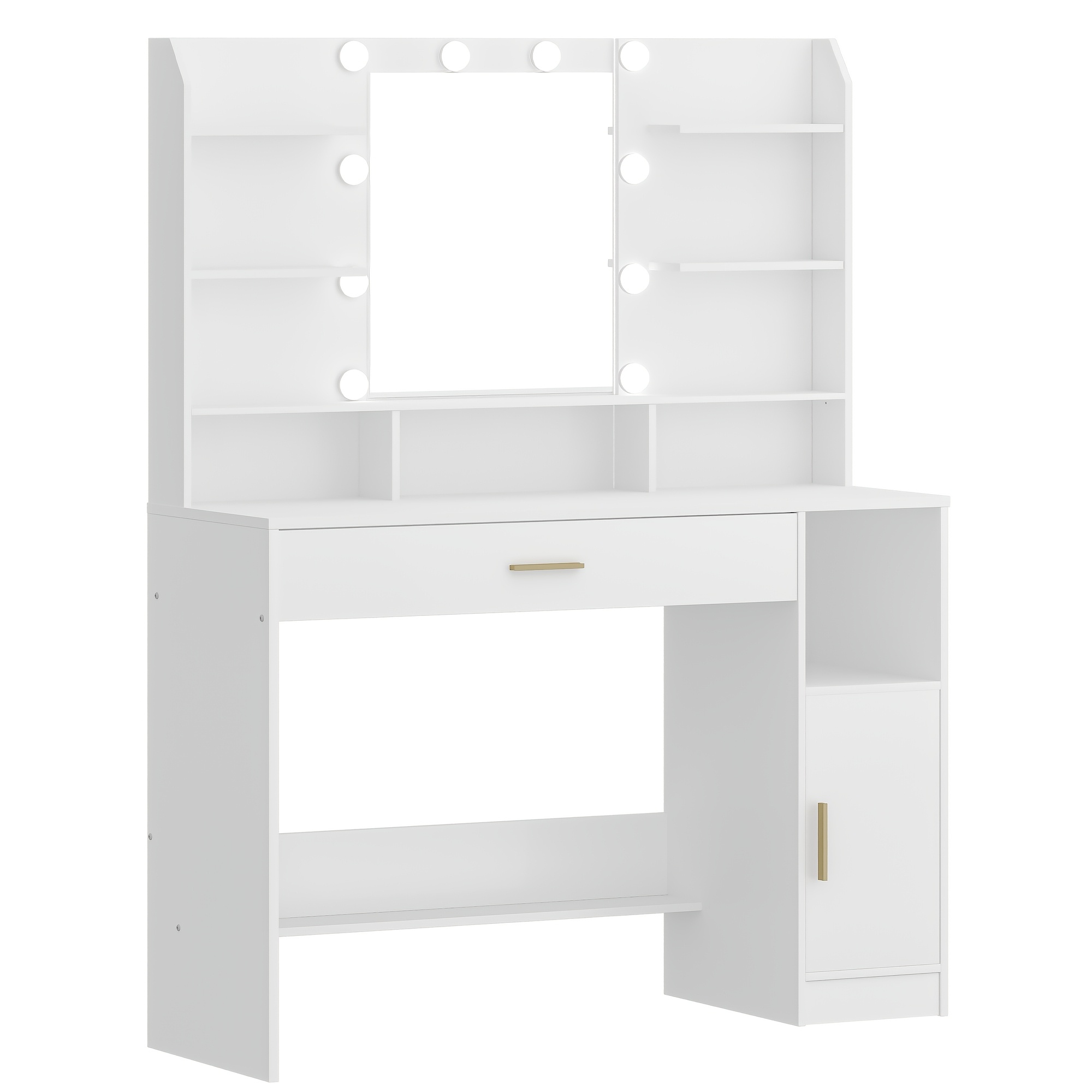Dressing Table, Large Table Top With Mirror, Adjustable Brightness, With Drawers And Storage Cabinets, Open Shelves, For Bedroom, Wardrobe, White