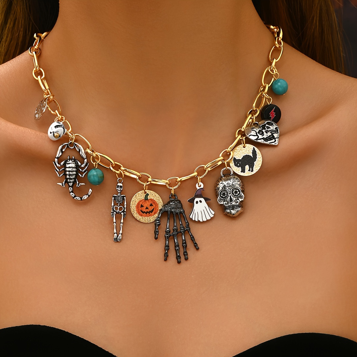 

Themed Charm Necklace For Women - Iron Simple Style Party Jewelry With Skeleton, Pumpkin, , And Charms - Versatile Accessory For Music Festivals And Parties - No Plating, All-season Wear