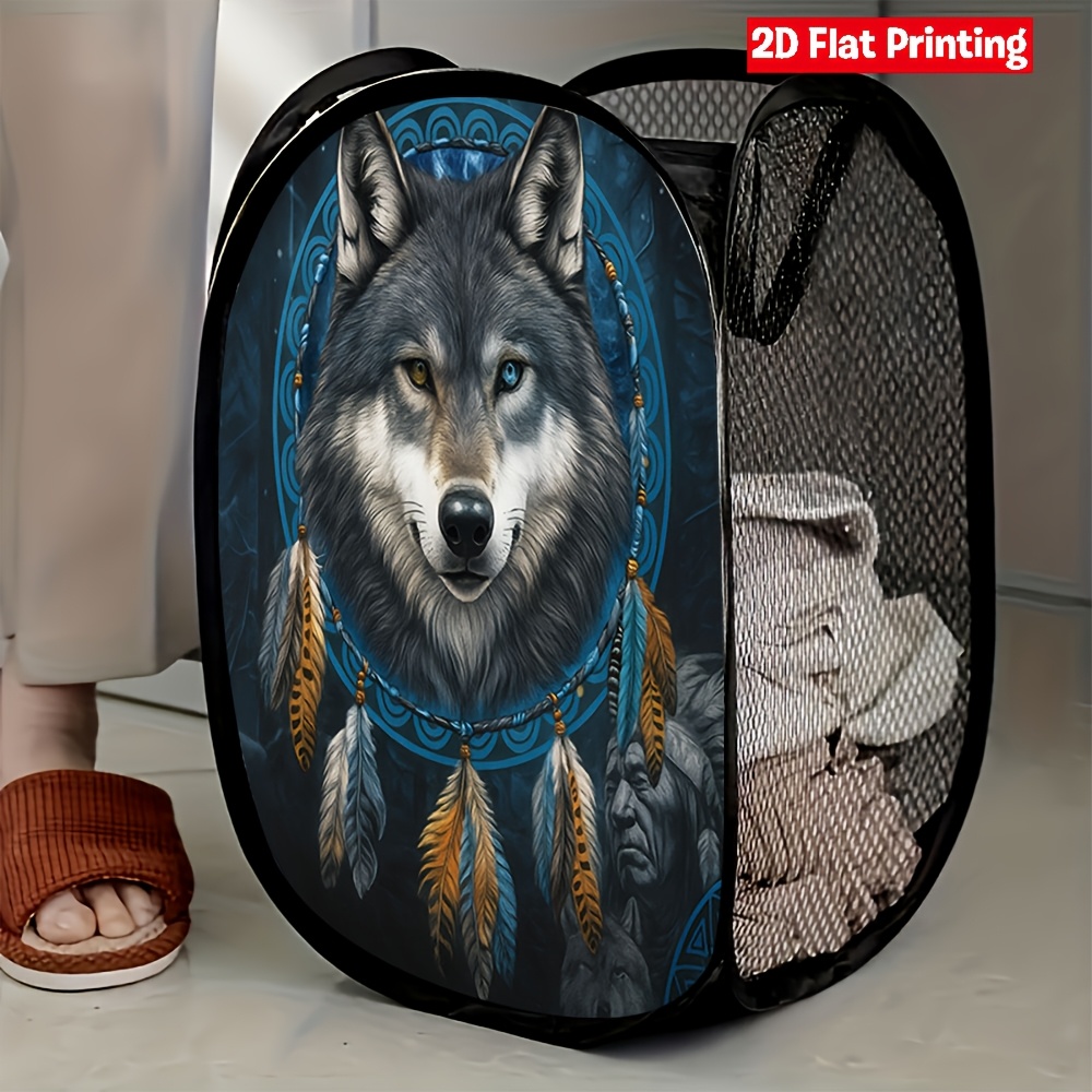 TEMU 1 panier à linge avec motif d'esprit de loup, idéal pour organiser votre chambre et votre salle de bain avec