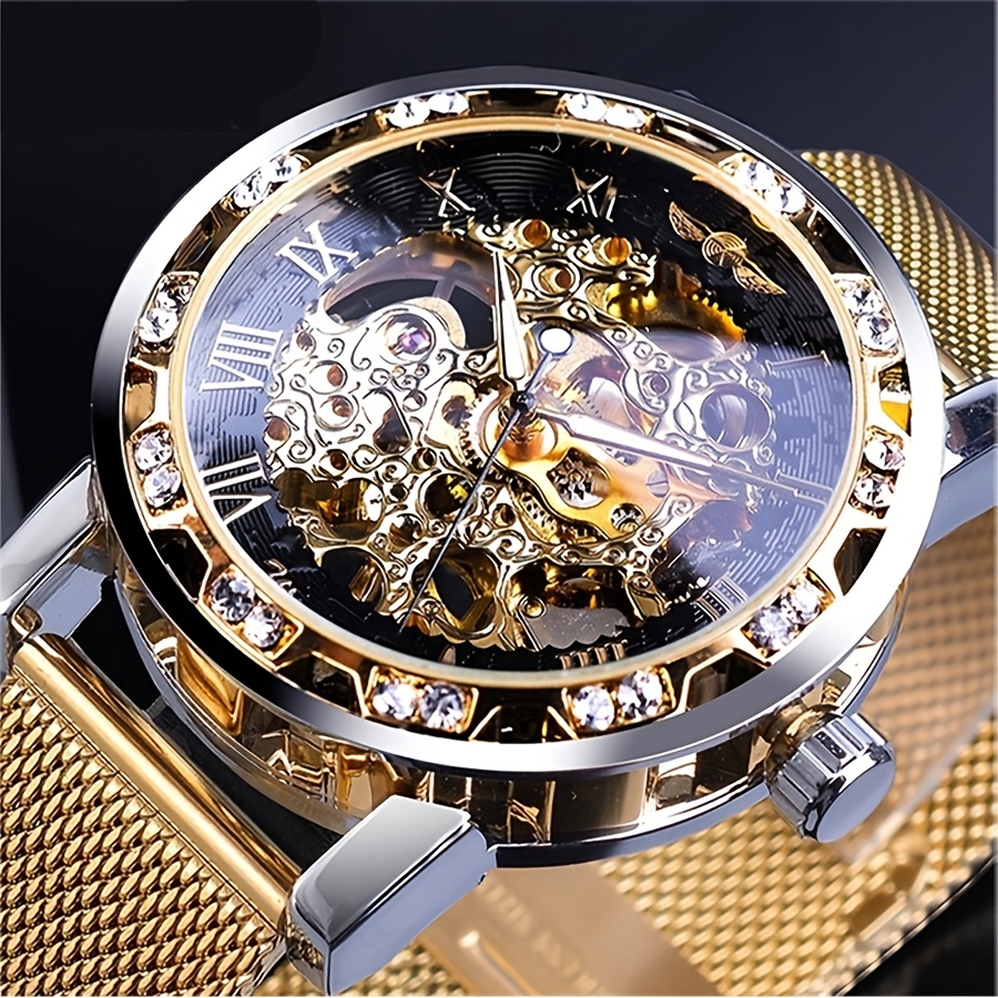 Elegant Men's Mechanical Watch With Rhinestone Accents And Hollow Mesh Band