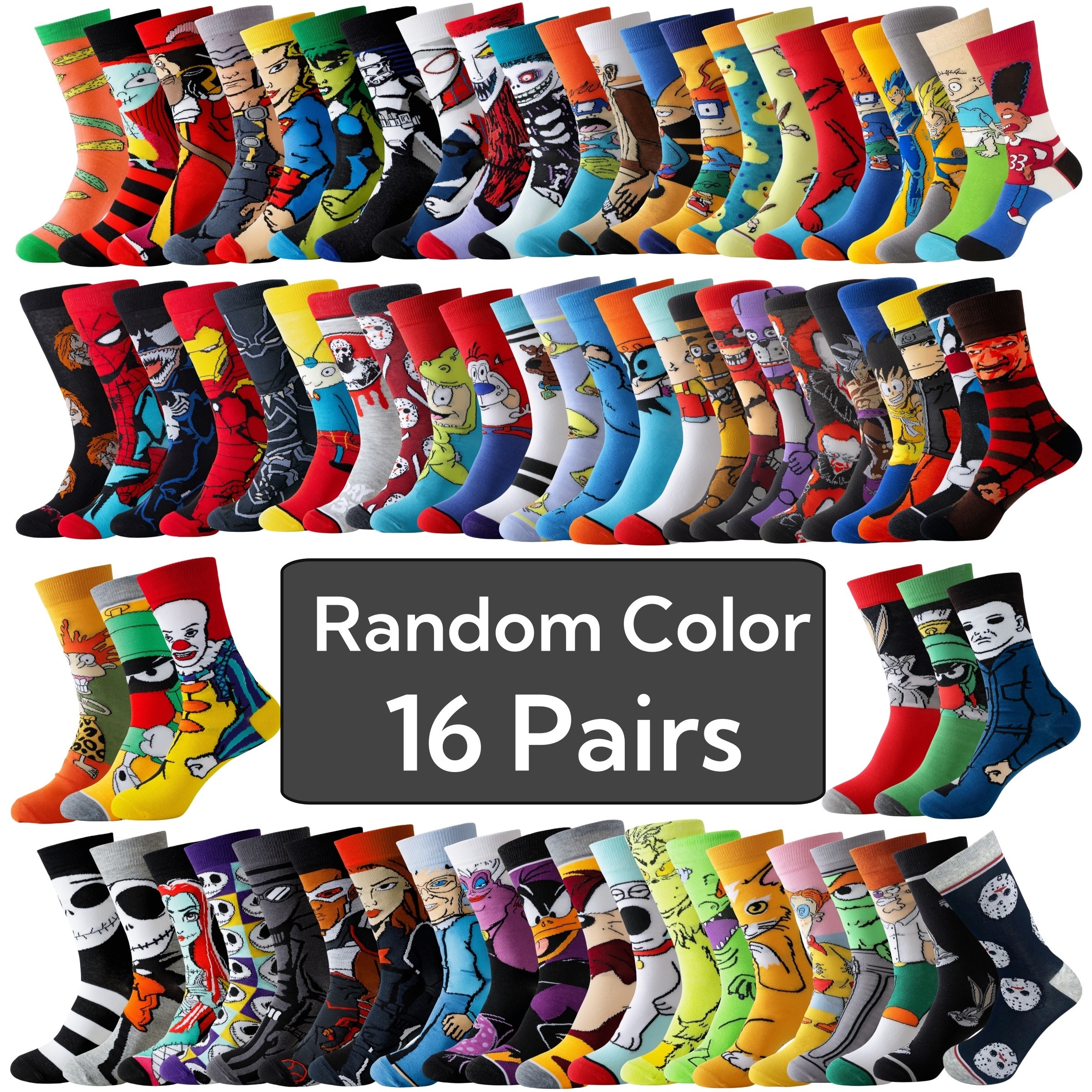 TEMU 16 Pairs Of Men' Cartoon Pattern Round Neck Socks, Breathable And Comfortable Casual Neutral Socks, Gift For Men, Breathable And Comfortable