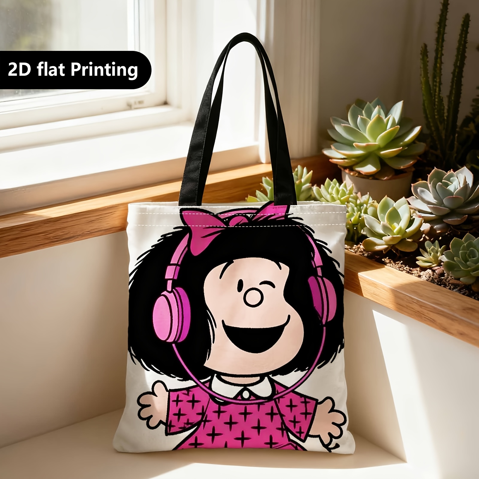 TEMU Bolsa de Compras, Bolso Portátil de y , Cara 2D, Diseño Alegre con Personaje de Dibujos Animados y Auriculares, Ideal para Viajes, Cosméticos,
