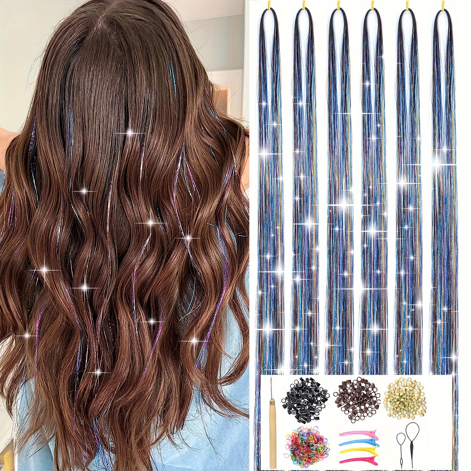 

Synthetic Hair Tinsel Kit With Tool 6pcs 1200 Strands Hair Tinsel Heat Resistant Fairy Hair Sparkling Shiny Glitter Tinsel Hair Extensions For Women 48inch For Music Festival