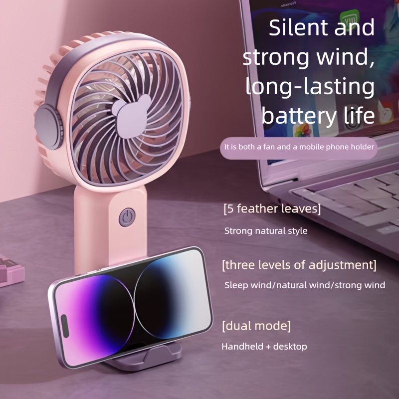 a usb powered portable fan with three speed settings this compact desktop fan can   function as a phone holder when used with its base its a lightweight and   cooling option that can additionally action as a phone stand when   wit