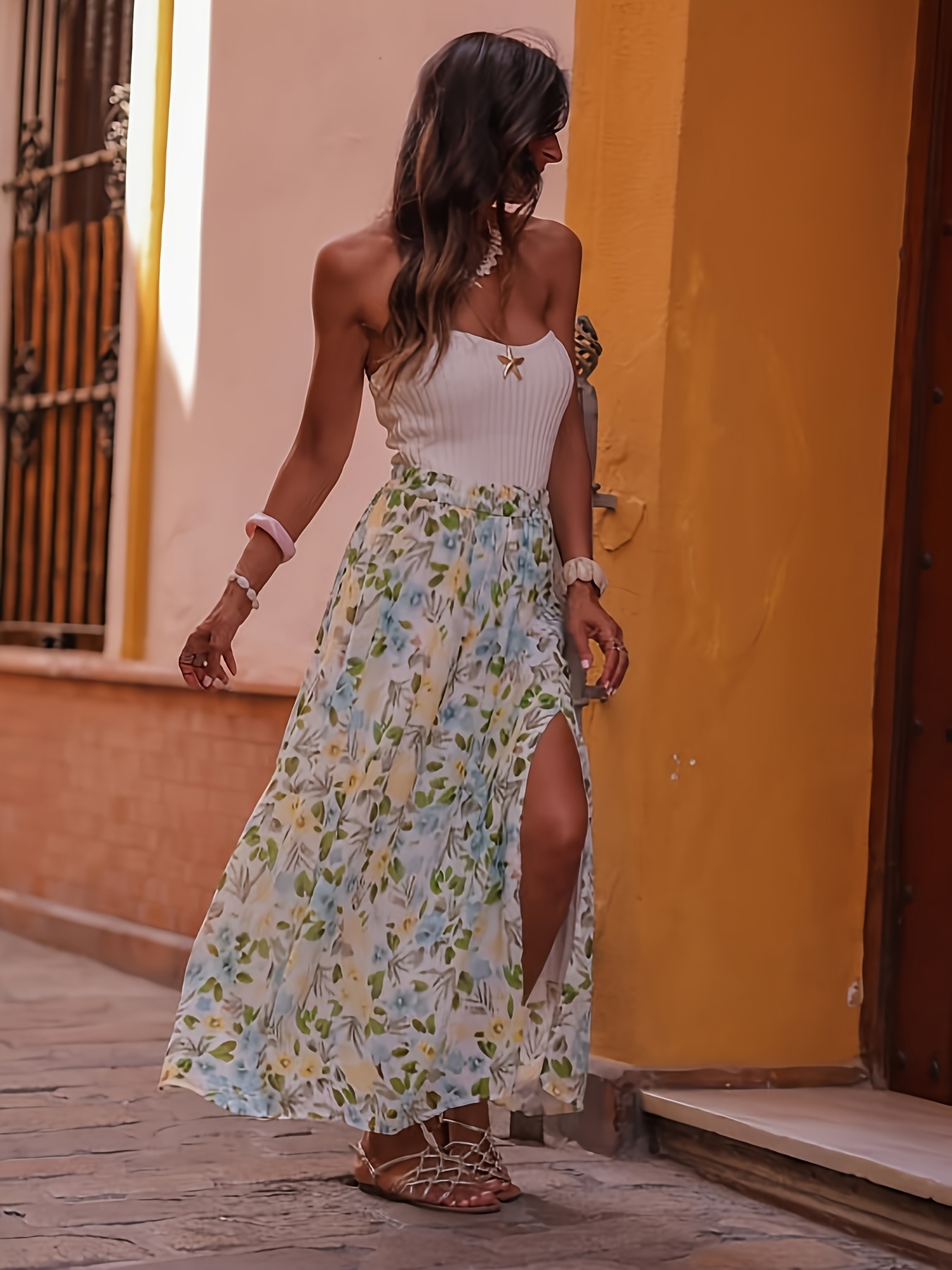 green empire waist prom dress Navy print flowy dress – MODEST4YOU main image 1