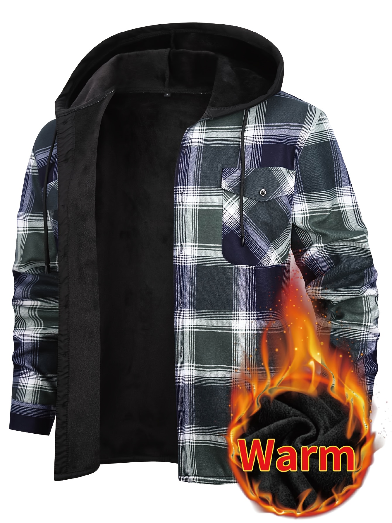 Thermisch werkschort met capuchon voor heren - Heavy-duty fleece gevoerde winterjas met ruitpatroon, volledige ritssluiting aan de voorkant, lange mouwen, overhemdjasje met knoopsluiting voor boerderij, bouw, buiten - Dik geïsoleerd laagstuk (s-3xl) - Ideaal voor Col