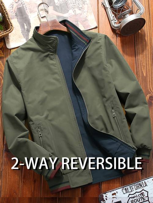 lvhesheng obm mens new reversible two way wear jacket with zippered pockets stand collar casual outdoor daily coat