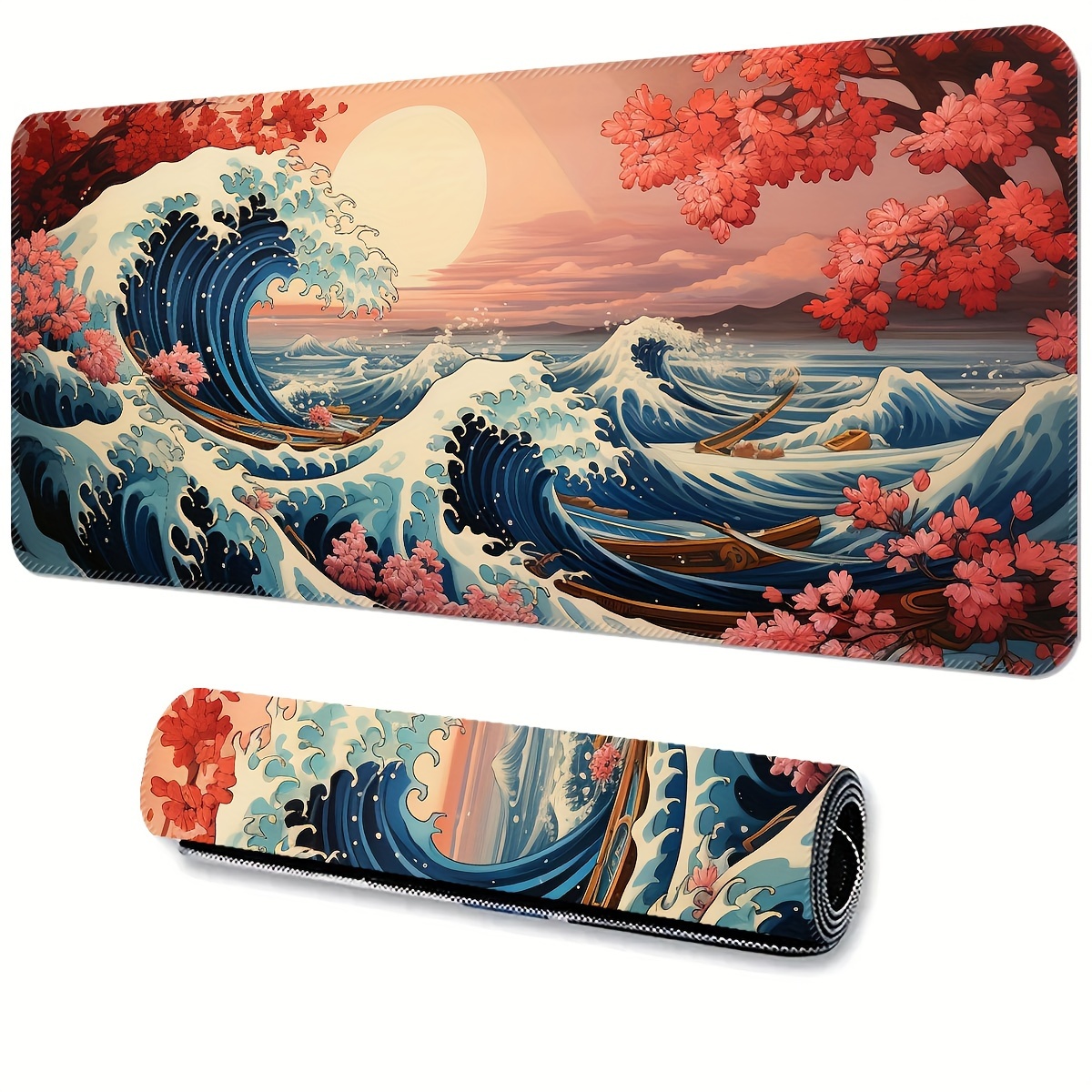 

Japanese Wave And Red Maple Design Extended Gaming Mouse Pad - Washable, Non-slip Rubber Base, Precision Edge Stitching, Large Rectangle Oblong Desk Mat For Computer, Office, And Esports