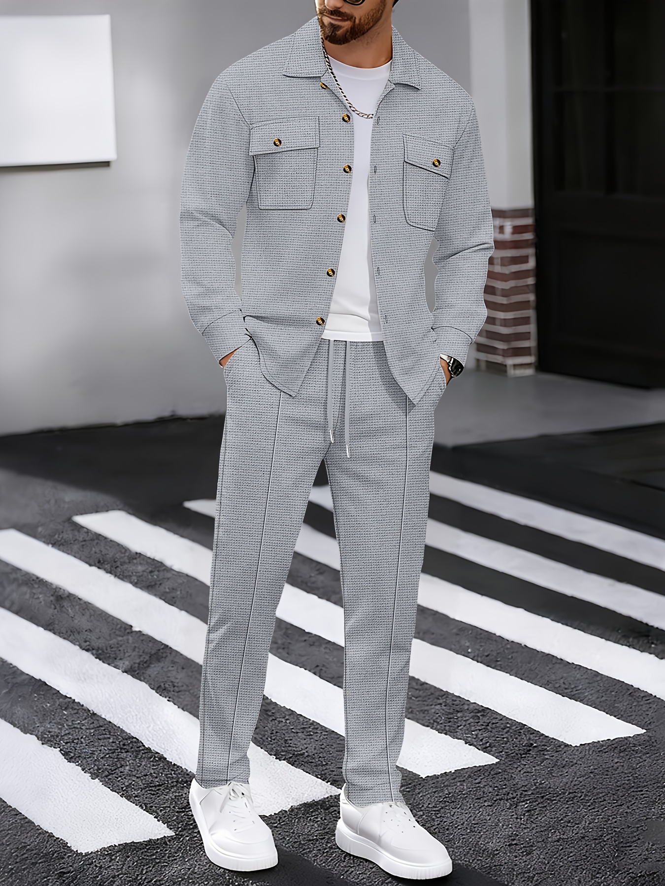Conjunto Casual de Waffle para Hombre para las Cuatro Estaciones | Camisa Abotonada con Cuello Solapa, Bolsillo Doble en el Pecho, Manga Larga, Pantalones Largos, Conjunto de Dos Piezas, Ropa Versátil para Exteriores, Ligero, Sin Arrugas, Portátil - Gris, XL
