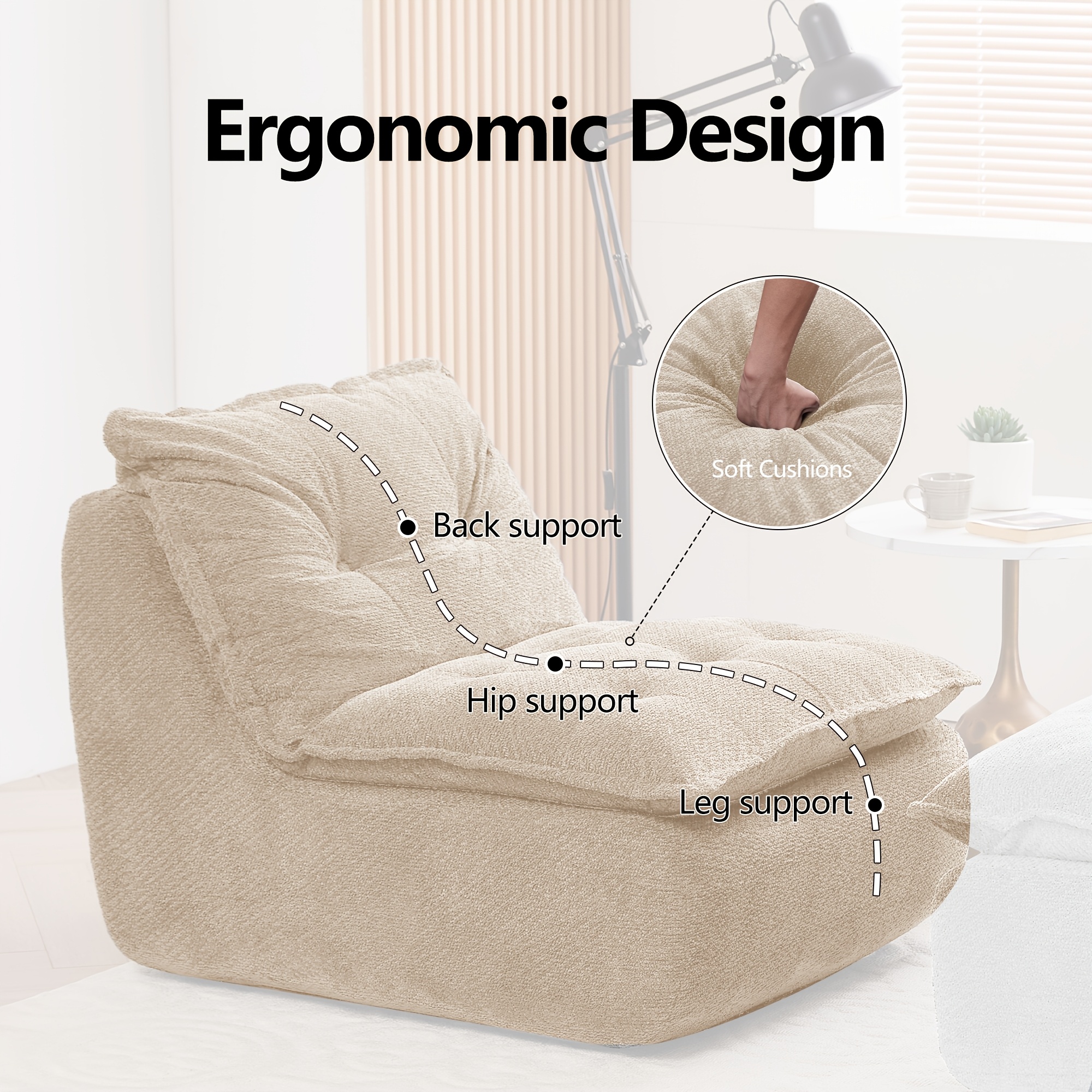 MCQ Single Recliner Chair with Footrest - 62.2-inch Foam Floor Lounger, Boneless Modern Bean Bag Sofa Suitable for Bedroom or Living Room, Cloud Bed for, No Assembly Required, Space-Saving