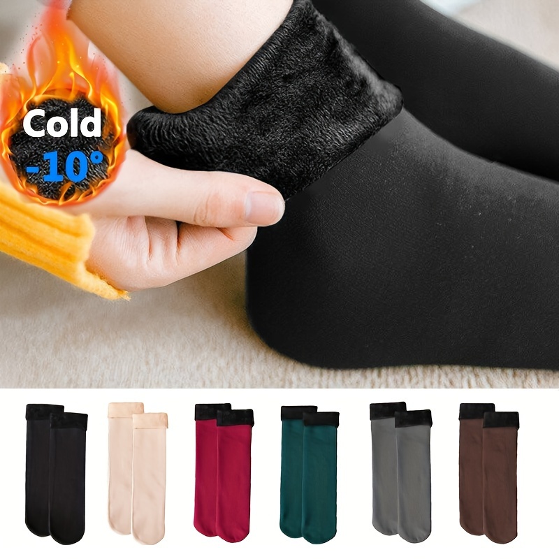 TEMU 6-pack Winter Warm Fleece-lined Mid-calf Socks, Polyester And Spandex Blend, Solid Color, Knitted, Hand Wash Only, Outdoor Casual Thick Warm Socks For Men And Women