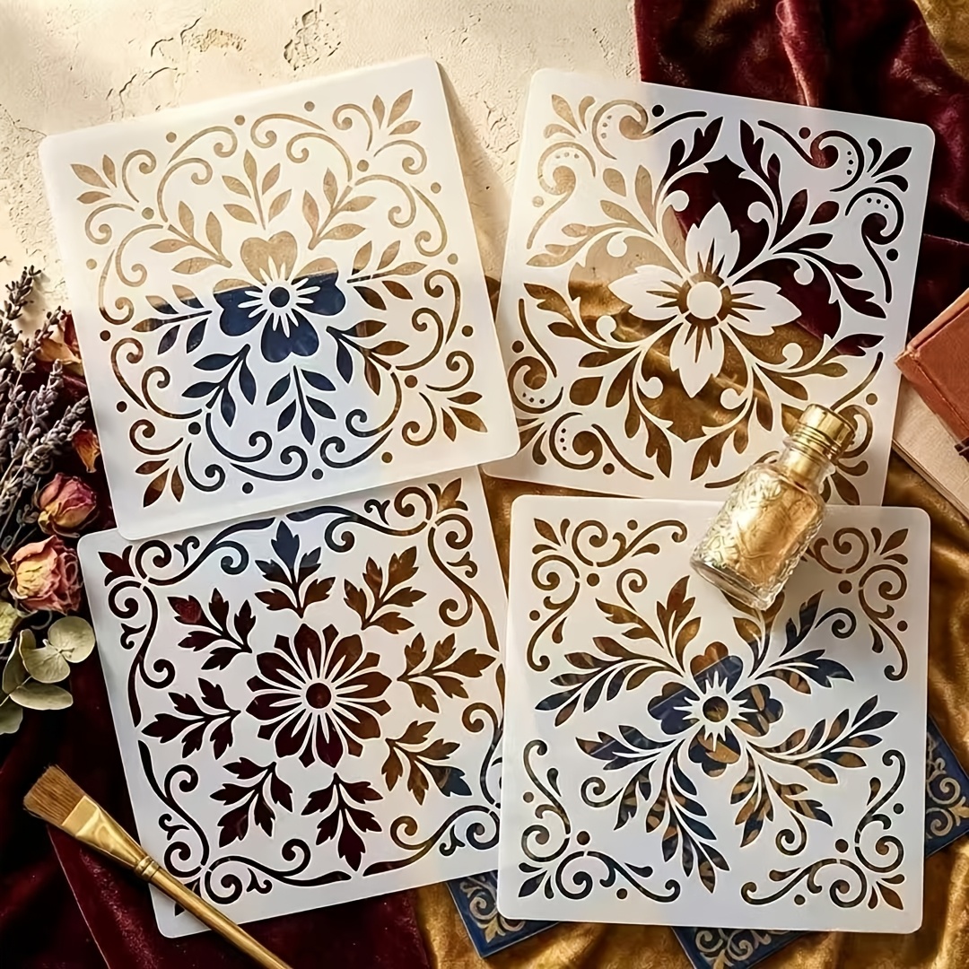 TEMU 4pcs 6inch Reusable Mandala Stencens Suitable For Diy Crafts - Vintage Damask Botanical Flower & Tile Templates With Patterns, Plastic Templates