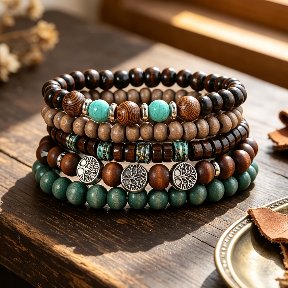 TEMU 5 Strands Men's Stackable Bracelets Handmade Bead Retro Fashion Hand Chains Suitable For Holiday Gifts And Daily Wear