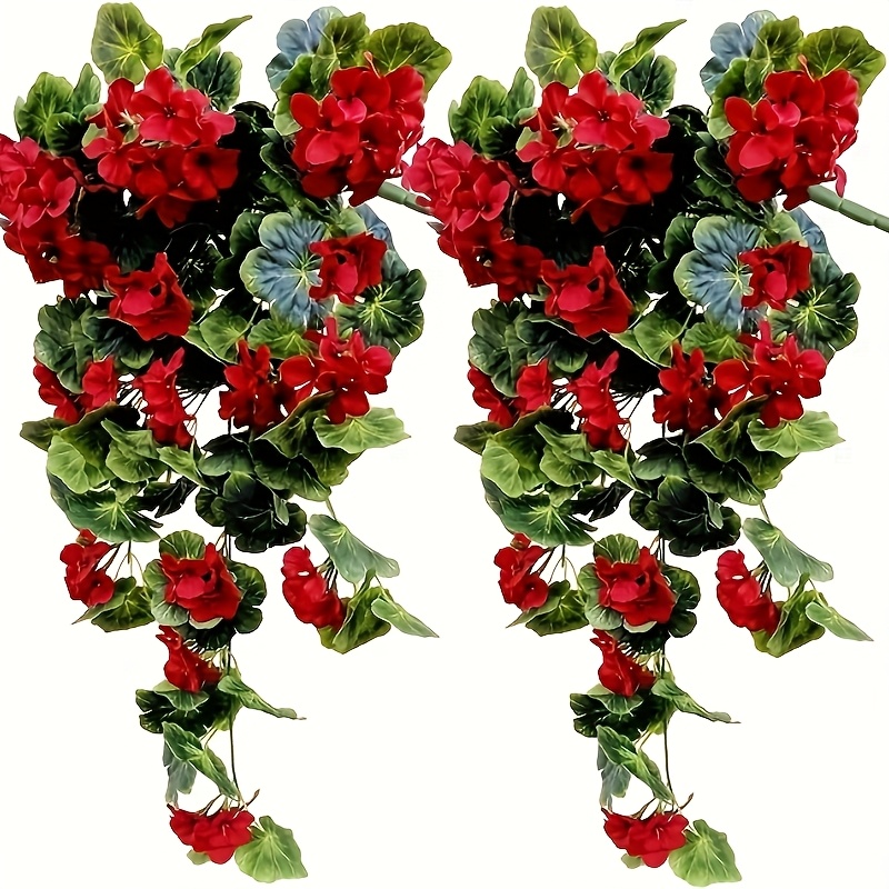 E-shop 2 Stück 31,5 Zoll Rote/Fuchsia Künstliche Geranien Hängebündel Vollblüten Blumenpflanzen Geranienranken für Zuhause Garten Hochzeit Innen-