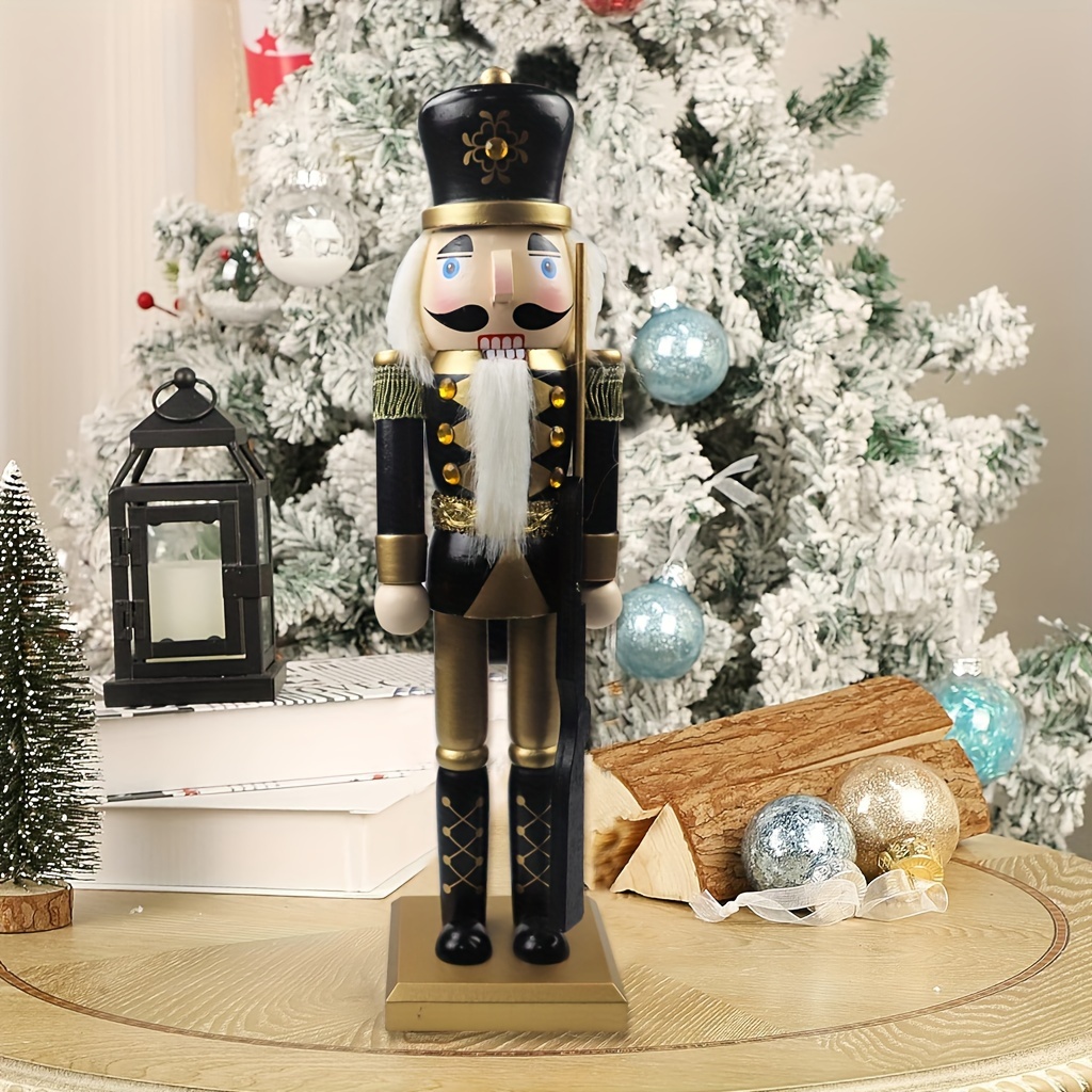 

1pc Wooden Nutcracker Figurine, 15-inch Black And Golden Soldier With Rifle, Festive Christmas Tabletop Decor, Holiday Ornament, Traditional Wood Craftsmanship