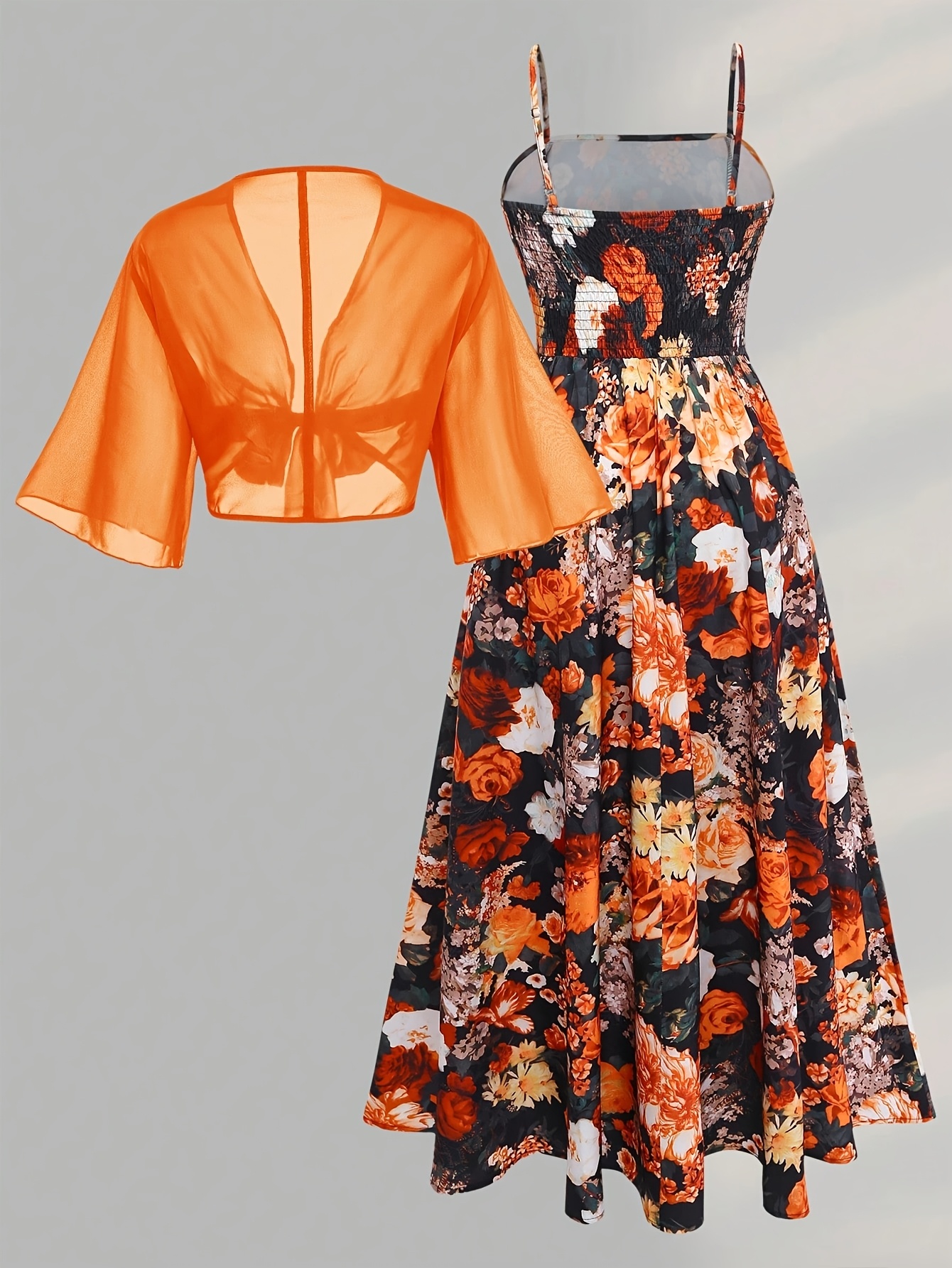 Plus Size, Plus Size Women's Outfit Set: Floral Print Camisole Dress + Chiffon Shawl Outerwear, 2pcs Set for Spring/Summer Wear