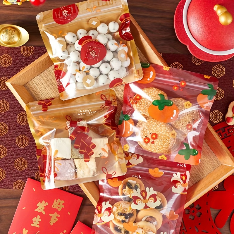 

10-pack Self-standing Zipper Bags, Plastic Treat Bags For Cookies, Candy, - Chinese New Year Snack Pouches, Small Gift Bags For Holiday Packaging