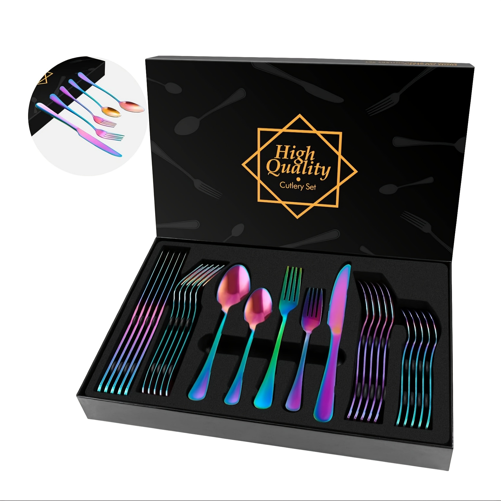 TEMU 30pcs Stainless Steel Tableware Set, Rainbow Cutlery Set, Flatware Set Service For 6, Silverware Utensil Set With Knife, Fork, Spoon,