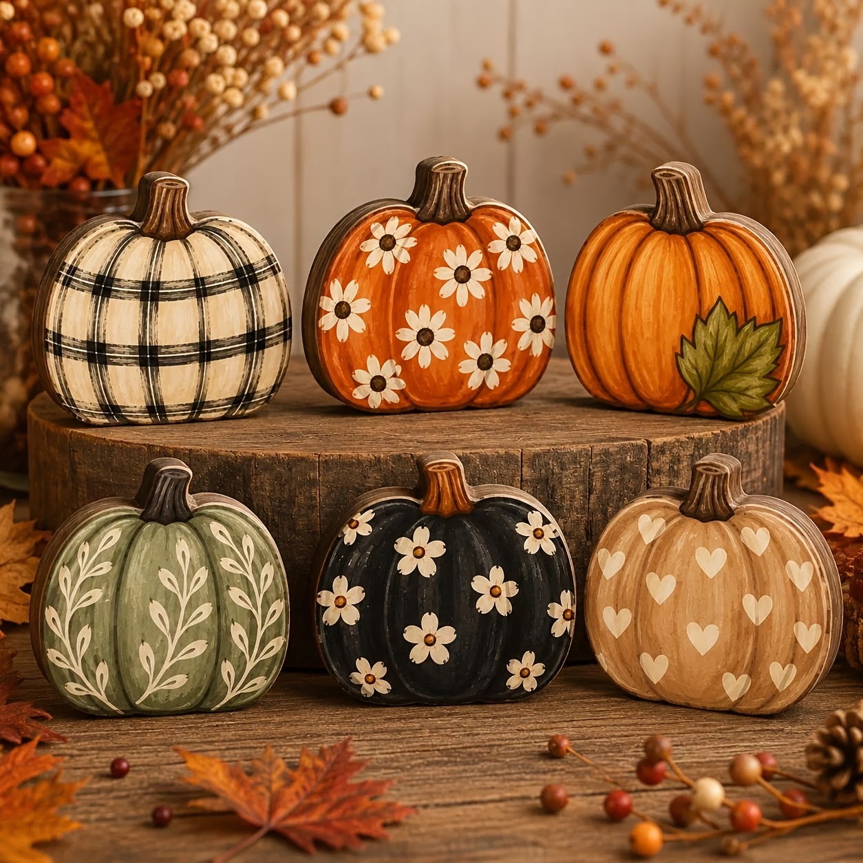 TEMU 2d Flat, 6pcs Set 2d Flat Wooden Pumpkin Set, Floral Autumn Tabletop Decor, Thanksgiving Ornaments, 2d Flat