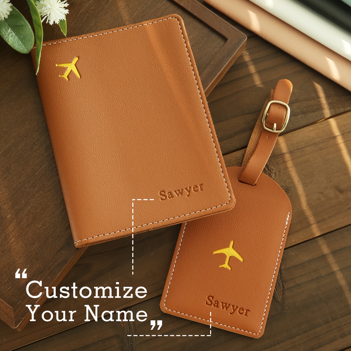 

2pcs Set - Personalized Artificial Leather Passport Holder And Luggage Tag With Custom Name, Foldable And Lightweight, Open Closure, Ideal For And Travel Gifts