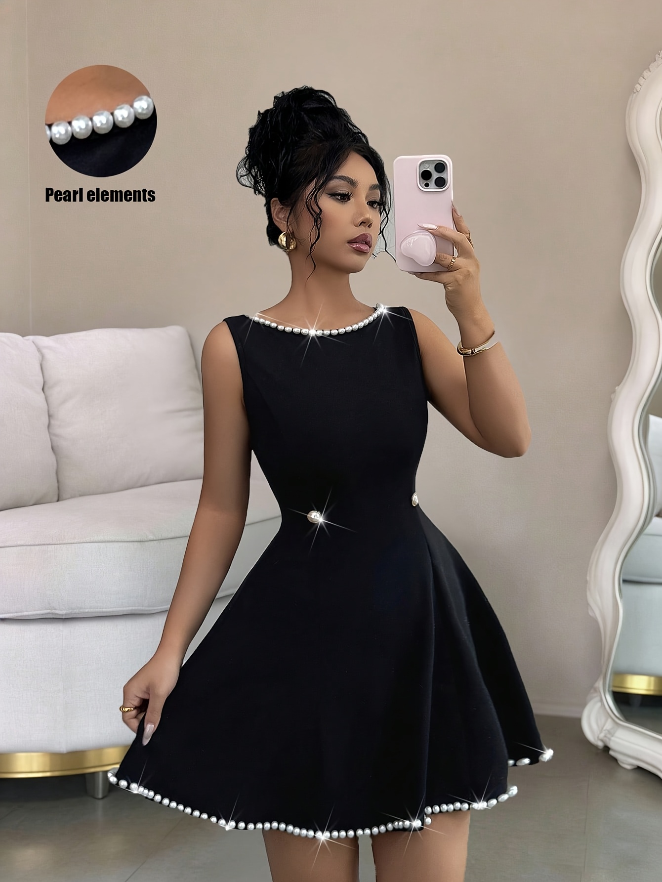 Élégante robe courte sans manches pour femmes, ornée de perles et ceinturant la taille, idéale pour le printemps et l'été. Robe élégante pour femmes, robe courte ornée de perles, robe courte sans manches ceinturant la taille, élégante robe courte noire.