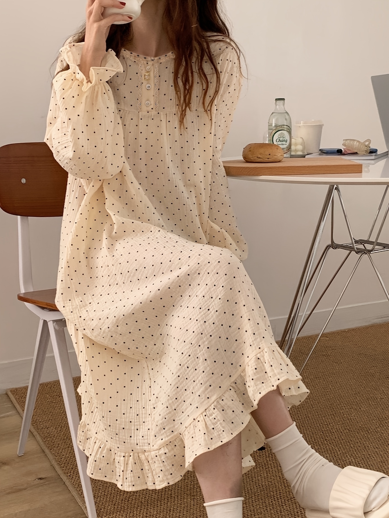 womens beige polka dot nightgown fluffy loose fit long sleeve sleepdress for women non stretch     care everyday special occasion nightwear